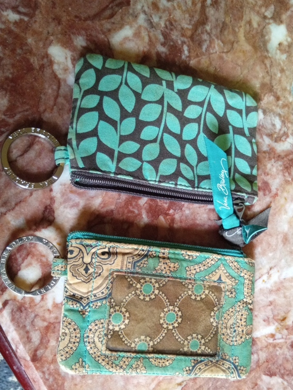 2#Vera Bradley Teal and Brown Patterned Zip Card Case with Key Ring Duo